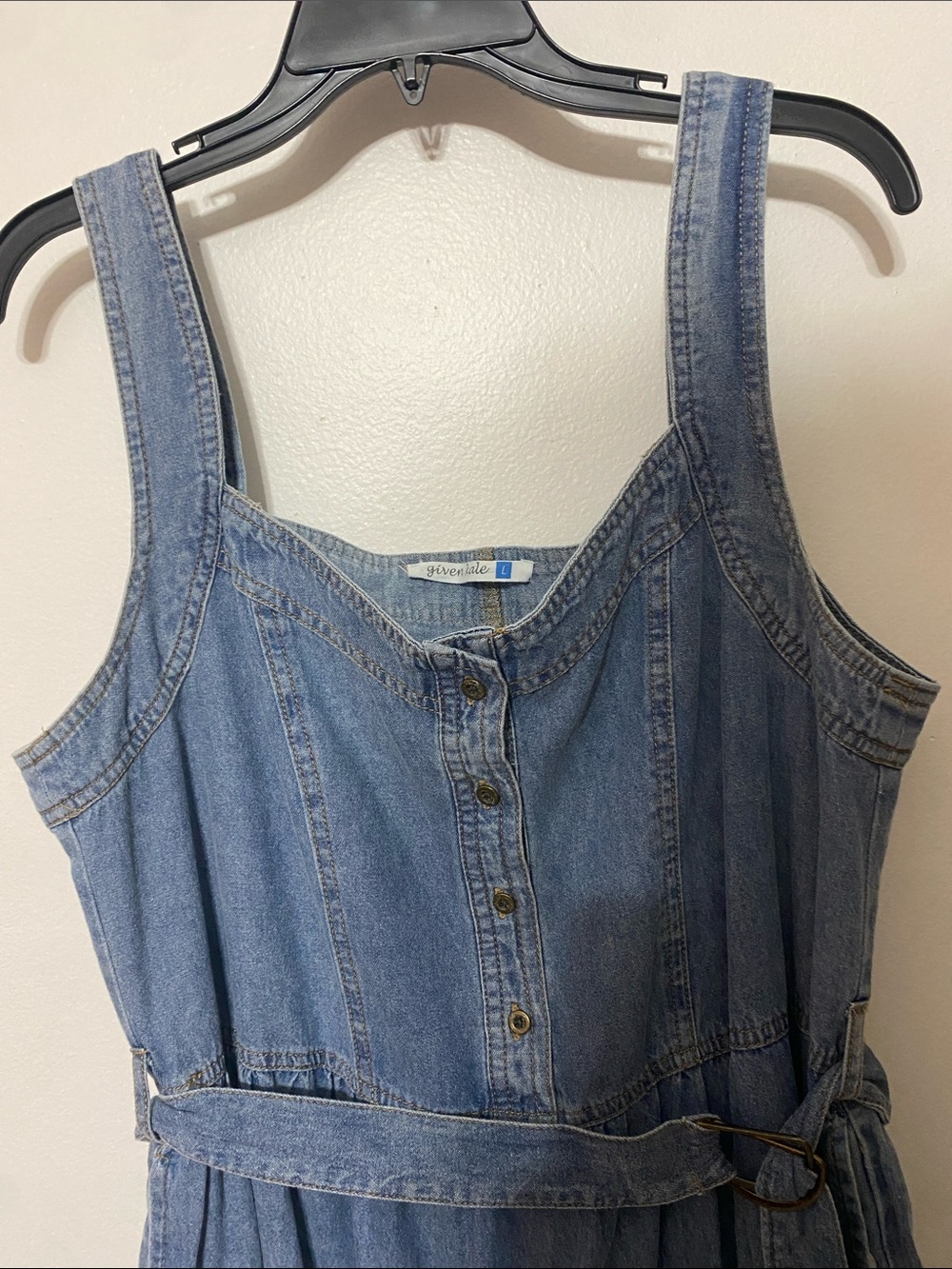 Denim Midi Dress with Tie Waist - Blue - Picture 3 of 6